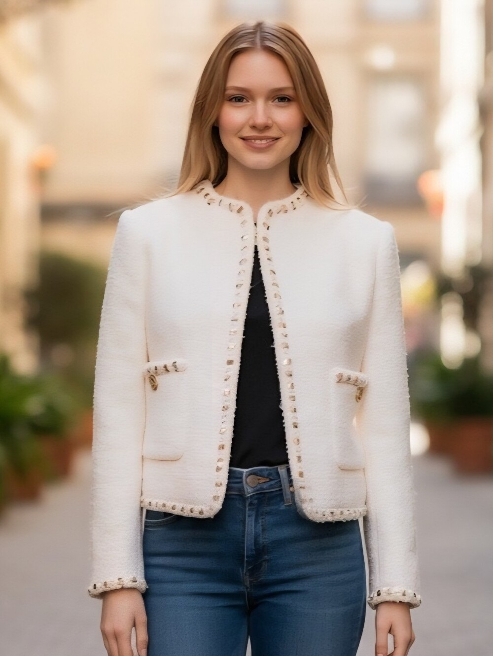 CHANEL Cream Bouclé Cropped Jacket with Trim